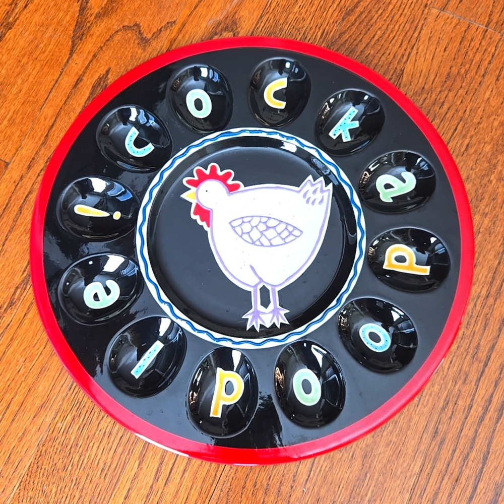 Becky Denny Ceramic Egg Plate, Deviled Egg Tray, "Cockadoodle" Design